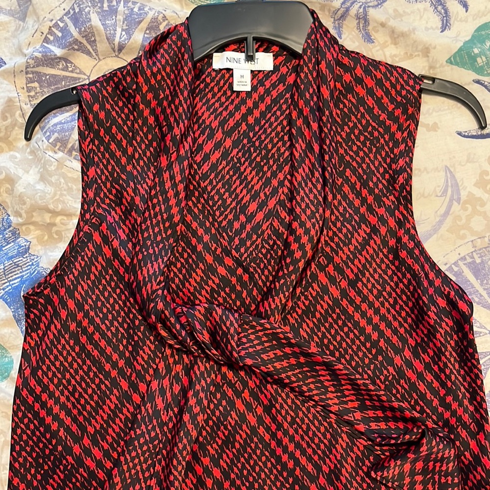 Gorgeous Black & Red Satiny V neck Blouse with neck tie